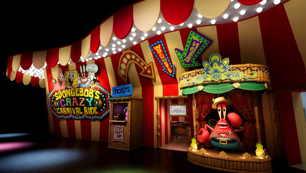 Artwork for the entrance of SpongeBob’s Crazy Carnival Ride (© Sally Dark Rides)